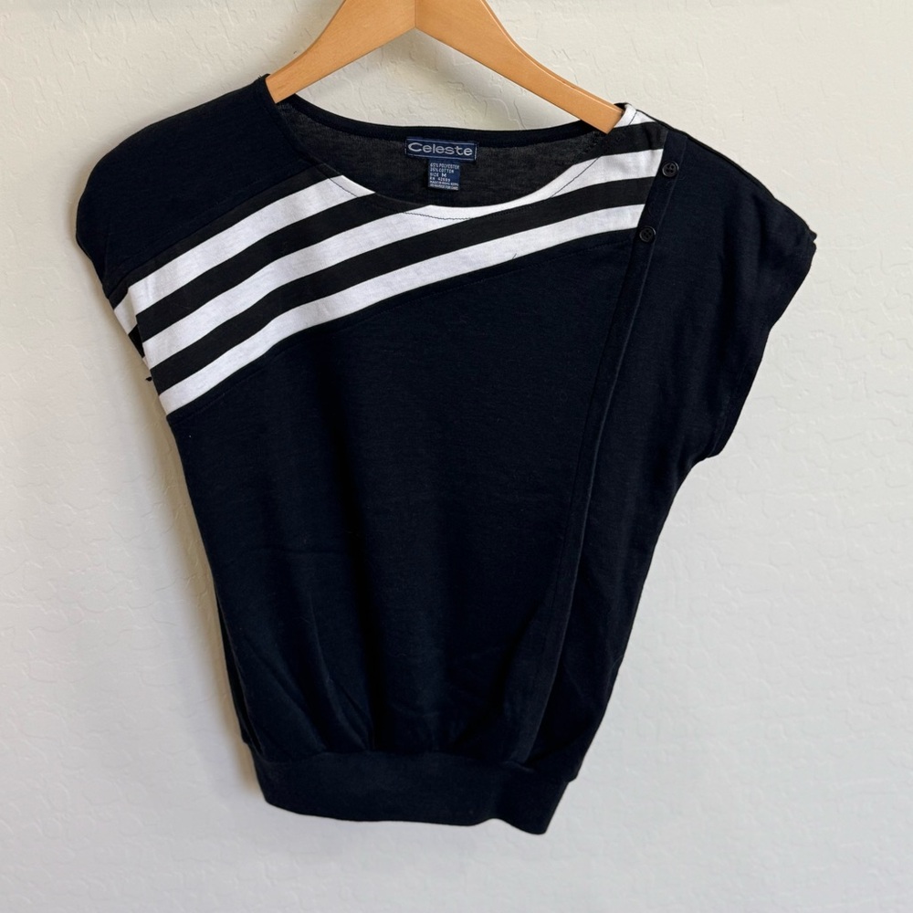 Vintage Celeste Black Cap Sleeve Top White Diagonal Stripes Medium